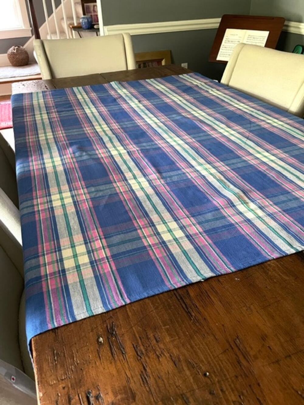 Blue Pink Green Tartain Plaid 100% Cotton Tablecloth Farmhouse English Cottage